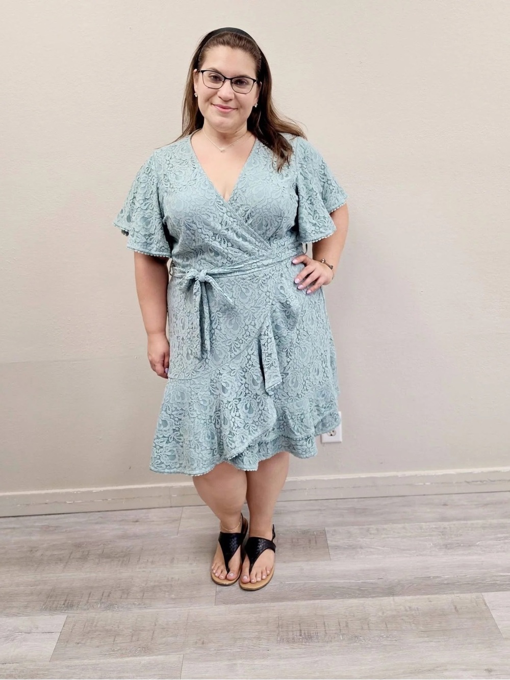 City Chic Sage Green Sweet Luv Faux Wrap Lace Mini Dress - New - Size 18